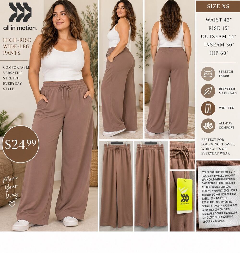 🆕All in Motion Women's High-Rise Wide-Leg Pants Brown XXL Drawstring Pockets